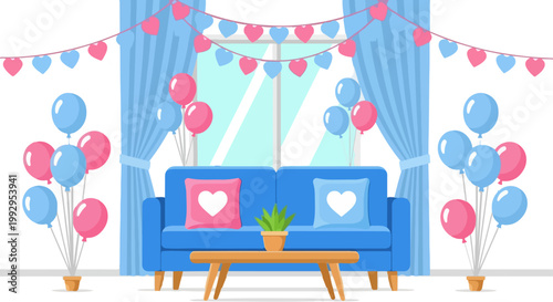 Gender reveal party background with blue and pink balloons, festive living room interior for baby shower, heart bunting and sofa vector illustration