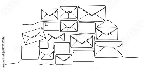 Continuous line drawing of many different envelopes and letters for communication concepts or business correspondence.