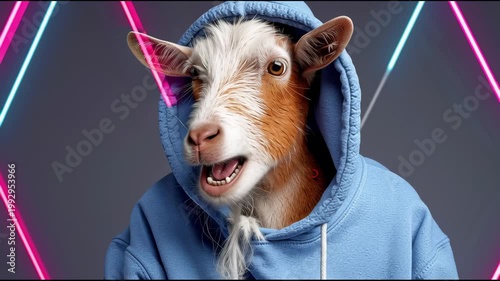 Goat wearing blue hoodie with playful expression, showing teeth and raising a hoof, against a backdrop of neon lights in a studio setting
