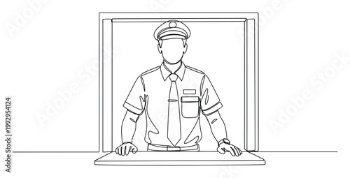 Uniformed security officer standing at counter in continuous line drawing suitable for service industry graphics and professional visuals