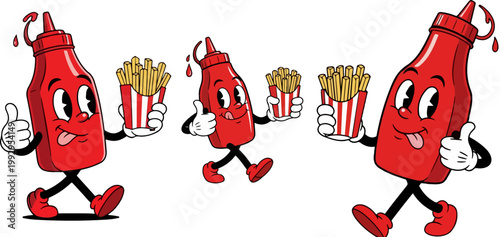 Retro cartoon ketchup bottle characters holding french fries, vintage mascot set with red condiment squeeze bottles, 1950s rubber hose style fast food vector