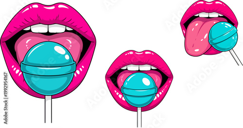 Pop art female lips with blue lollipop vector set, sexy open mouth with pink lipstick and candy, comic style tongue and sweet sucker illustration