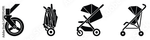 Stroller wheels and various compact baby carriage icons for parenting websites or mobile application interfaces