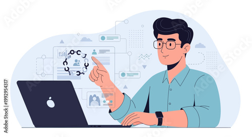 Man Interacting with Futuristic Interface, Data Analysis and Business Technology