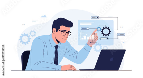 Man Interacting with Futuristic Interface, Data Analysis, Business Technology Concept