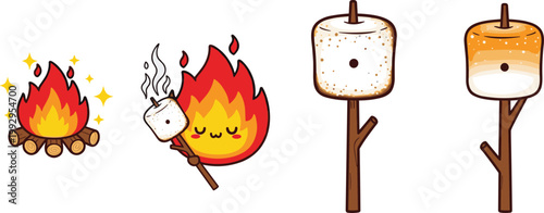 Set of Cute Cartoon Campfire, Marshmallow, and S'mores Illustrations for Outdoor, Camping, and Food Designs