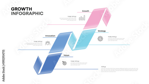 Creative business growth infographic with stepwise arrow diagram representing marketing strategy process chart data, report, and financial planning concept