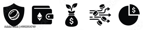 Financial and cryptocurrency symbols for secure investment, digital wallet management, and budget analysis applications