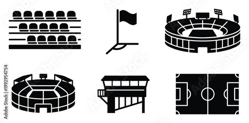 Sports arena icons depicting stadium infrastructure and playing fields suitable for athletic event guides and facility representations