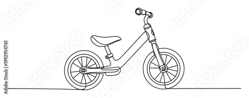 Minimalist single line depiction of a childs balance bike, perfect for active play themes, learning to ride resources, and kidfriendly designs