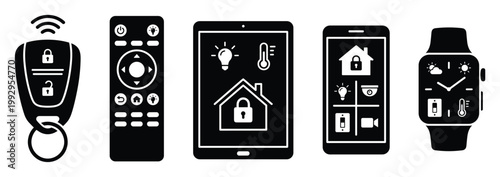 Modern smart home automation and remote control device icons for technological applications and user interface displays.