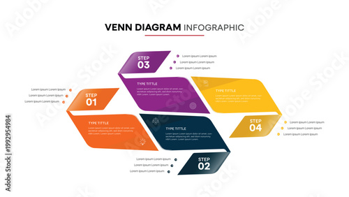 Modern Venn diagram infographic template with colorful stepwise arrows for business marketing strategy process data analysis and corporate planning