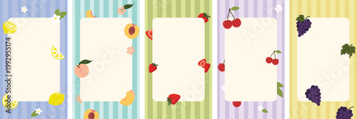Summer Fruit Social Media Templates Set, Pastel Striped Backgrounds, Story Editable Layouts