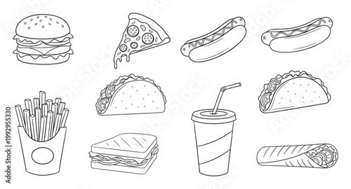 Black and white outline collection of popular fast food items including burger, pizza, and hot dogs for menus and coloring books