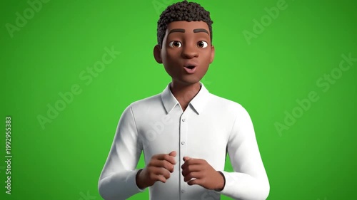 A simple and clean 3D animated male avatar in a white shirt, presented on a green screen background. Great for presentations, explainer videos, or corporate animations.
