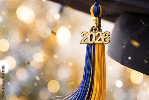 Class of 2026 graduation cap tassel with year charm, confetti and party lights bokeh background.