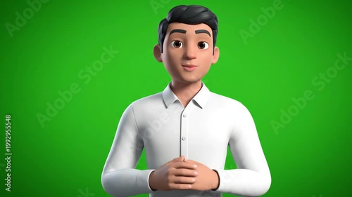A simple and clean 3D animated male avatar in a white shirt, presented on a green screen background. Great for presentations, explainer videos, or corporate animations.