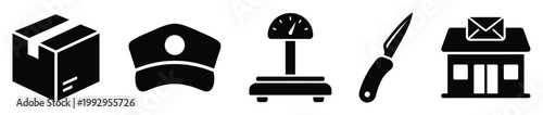 Essential black glyph icons for postal service, package delivery, and shipping logistics.