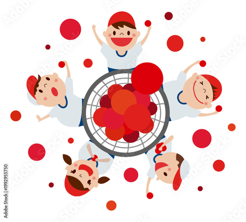 運動会で玉入れをする子供たち（赤組）の俯瞰ベクターイラスト