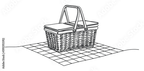 Simple line drawing depicting a traditional wicker picnic basket placed on a classic checkered blanket perfect for outdoor meal advertisements.
