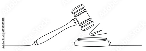 Minimalist continuous line drawing of a judges gavel striking, symbolizing law and justice for legal themed concepts