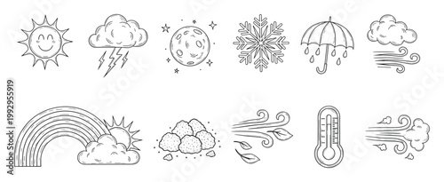 Hand drawn weather forecast icon collection perfect for educational materials and childrens books