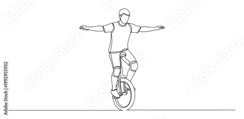Man riding a unicycle with arms outstretched for balance in a continuous line drawing style for sports event advertisements