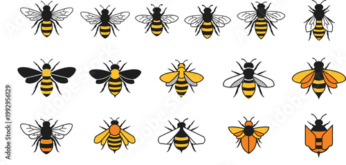 Vector Set of Cute Bees in Various Poses and Styles, with Detailed Wings and Stripes for Nature, Insect, and Pollination Designs