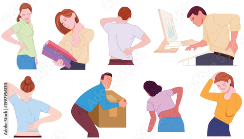 People Suffering from Back, Neck and Body Pain Collection, Pain Symptoms People Illustration Set, Medical Illustrations