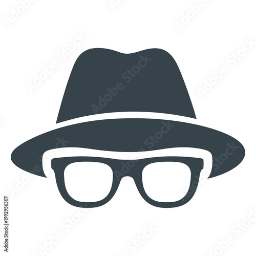 Minimal icon of hat and glasses symbolizing anonymity, espionage, secret identity, and undercover surveillance concept.
