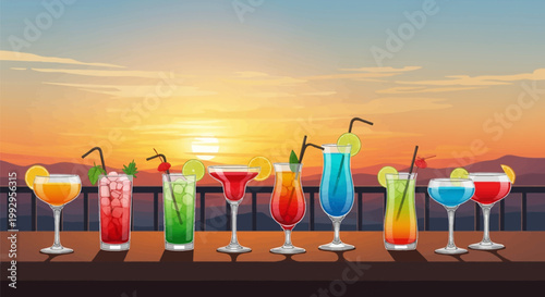 Selection of various colorful tropical cocktails in assorted glassware lined up on a wooden bar counter against a mountain sunset backdrop with garnishes like lime, mint, and straws.