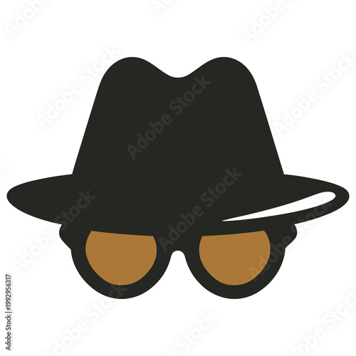 Minimal icon of hat and glasses symbolizing anonymity, espionage, secret identity, and undercover surveillance concept.