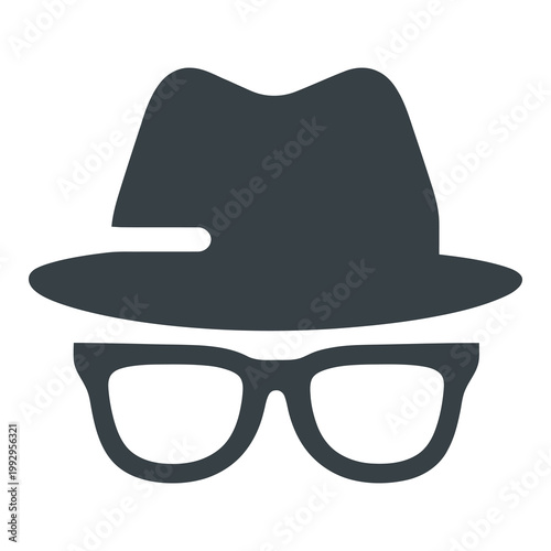 Minimal icon of hat and glasses symbolizing anonymity, espionage, secret identity, and undercover surveillance concept.