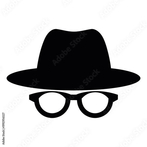 Minimal icon of hat and glasses symbolizing anonymity, espionage, secret identity, and undercover surveillance concept.