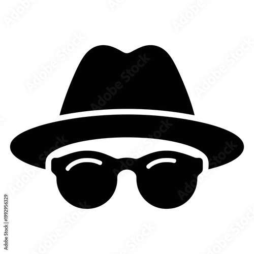 Minimal icon of hat and glasses symbolizing anonymity, espionage, secret identity, and undercover surveillance concept.