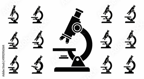 Set of black microscope icons and silhouettes in various sizes and styles on a white background for laboratory science, medical research, and biology education equipment.