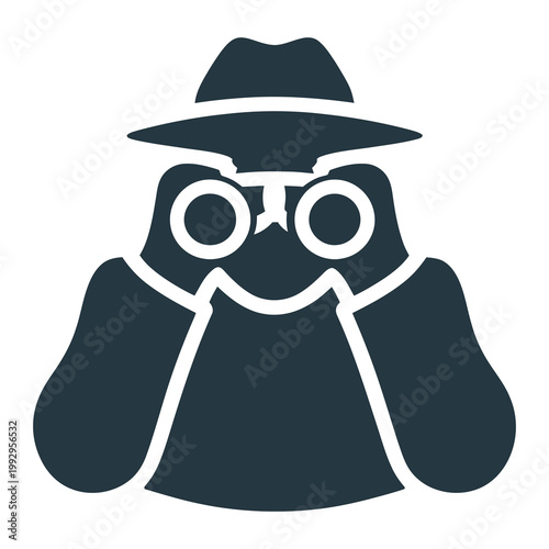 Flat icon of a spy with binoculars, symbolizing surveillance, observation, investigation, and secret monitoring activities.