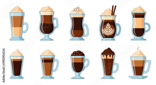 Set of ten vector illustrations featuring various coffee drinks and hot beverages in tall glass mugs, including latte, cappuccino, and mocha with whipped cream on a white background.