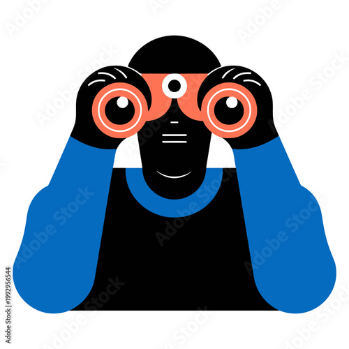 Flat icon of a spy with binoculars, symbolizing surveillance, observation, investigation, and secret monitoring activities.