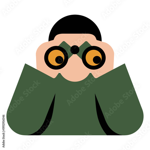Flat icon of a spy with binoculars, symbolizing surveillance, observation, investigation, and secret monitoring activities.