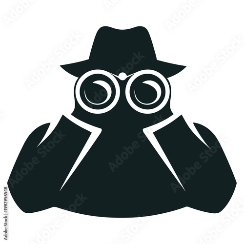 Flat icon of a spy with binoculars, symbolizing surveillance, observation, investigation, and secret monitoring activities.