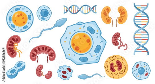 Collection of biological illustrations featuring human cell anatomy, DNA double helix strands, kidney organ cross sections, sperm cells, and microscopic organisms on white background.