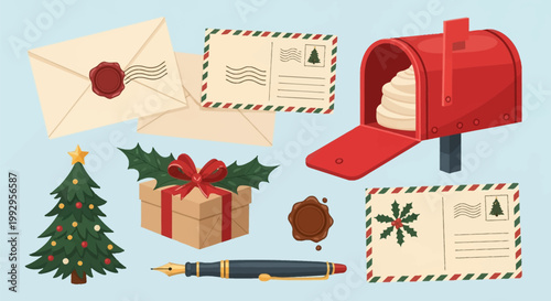Collection of Christmas postal stationery including a red mailbox, sealed envelopes, postcards with holly designs, a decorated evergreen tree, a gift box, and a fountain pen.