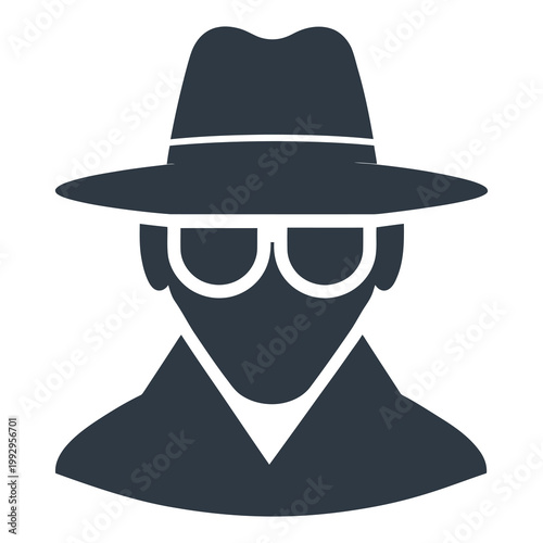 Minimal icon of hat and glasses symbolizing anonymity, espionage, secret identity, and undercover surveillance concept.