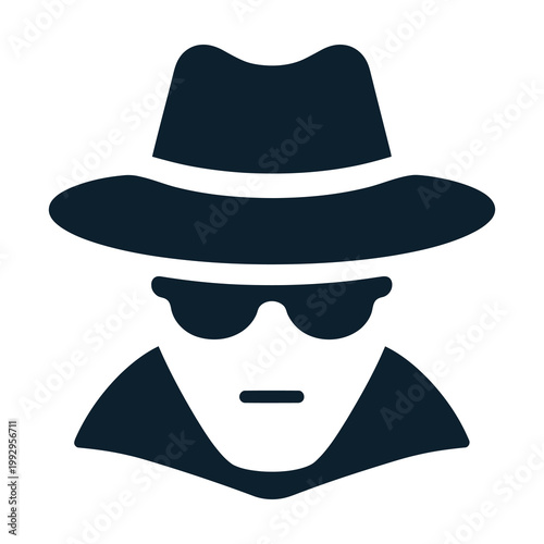 Minimal icon of hat and glasses symbolizing anonymity, espionage, secret identity, and undercover surveillance concept.