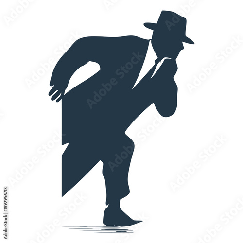 Spy or Detective Sneaking Silhouette in Trench Coat and Hat Stealth Movement Secret Agent Concept Minimal Flat Vector Illustration