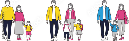 Vector Set of Family Walking Together in Colorful Casual Outfits, Parents and Kids Holding Hands in Outdoor Activities and Family Bonding