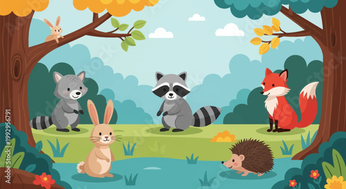 Vector illustration of forest animals including a red fox, raccoons, rabbits, and a hedgehog in a colorful woodland setting with trees, bushes, and a blue sky with fluffy white clouds.
