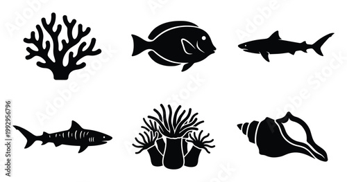 Diverse collection of marine life silhouettes including coral, tropical fish, sharks, and conch shell for ocean themed projects