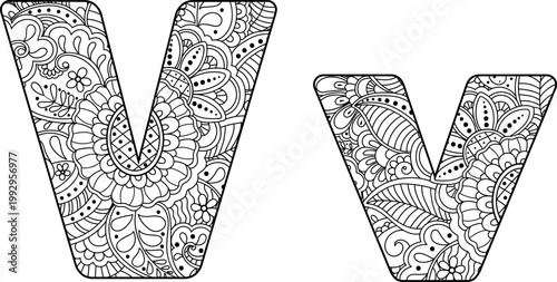 Letter V design, Uppercase and Lowercase, Isolated Doodle Outline Vector Elements